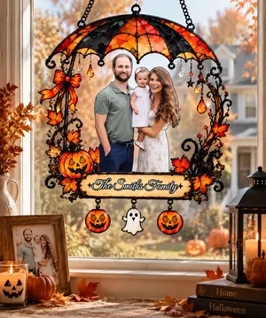 Personalized Custom Family Photo Halloween Suncatcher, Faux Stained Glass Window Hanging Gift for Family