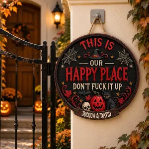 Personalized Halloween Door Sign Custom Name, Our Happy Place Couple Decor, Cute Gothic Pumpkin Cat Hanging Sign, Spooky Home Decoration Gift for Couples