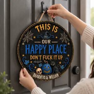 Personalized Halloween Door Sign Custom Name, Our Happy Place Couple Decor, Cute Gothic Pumpkin Cat Hanging Sign, Spooky Home Decoration Gift for Couples
