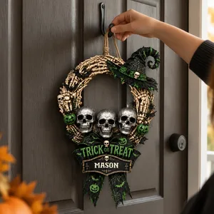 Custom Halloween Door Sign with Name, Skull Bone Wreath Decor, Personalized Trick or Treat Hanging Sign, Gothic Front Door Halloween Gift