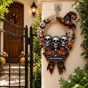 Custom Halloween Door Sign with Name, Skull Bone Wreath Decor, Personalized Trick or Treat Hanging Sign, Gothic Front Door Halloween Gift