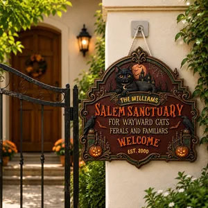 A Hidden Sanctuary Awaits Personalized Halloween Door Sign, Custom Family Name Year Black Cat Manor Decor, Gothic Home Decoration
