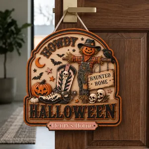 The Pumpkin Guardian Halloween Door Sign, Personalized Family Name Haunted Home Decor, Scarecrow Skull Pumpkin Hanging Sign