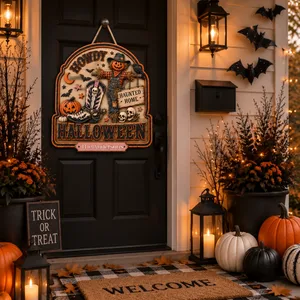 The Pumpkin Guardian Halloween Door Sign, Personalized Family Name Haunted Home Decor, Scarecrow Skull Pumpkin Hanging Sign