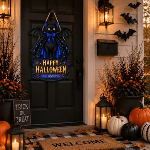 Custom Family Name Halloween Door Sign, Black Cat Bat Decor, Personalized Happy Halloween Hanging Sign, Gothic Front Door Decoration Gift
