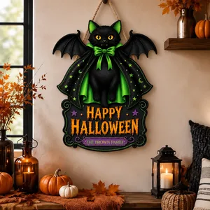 Custom Family Name Halloween Door Sign, Black Cat Bat Decor, Personalized Happy Halloween Hanging Sign, Gothic Front Door Decoration Gift