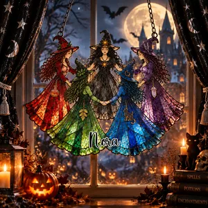 Personalized Witches Coven Suncatcher, Custom Name Faux Stained Glass Moon Star Mystical Witchcraft Decor