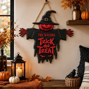 Welcome Trick or Treaters Personalized Halloween Door Sign, Custom Family Name Pumpkin Witch Decor, Front Door Seasonal Decoration