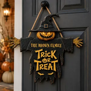 Welcome Trick or Treaters Personalized Halloween Door Sign, Custom Family Name Pumpkin Witch Decor, Front Door Seasonal Decoration