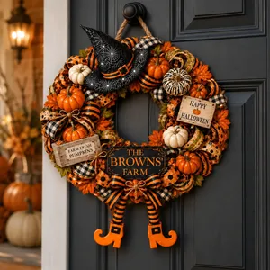 Welcome To Our Pumpkin Farm Personalized Halloween Sign, Custom Family Name Wreath Decor, Witch Hat Harvest Door Hanging Decoration