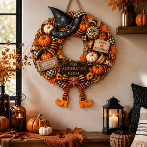Welcome To Our Pumpkin Farm Personalized Halloween Sign, Custom Family Name Wreath Decor, Witch Hat Harvest Door Hanging Decoration