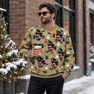 Pumpkin Ghost Bat Pattern Halloween Ugly Sweater - Custom Photo Face and Witch Hat Sweatshirt