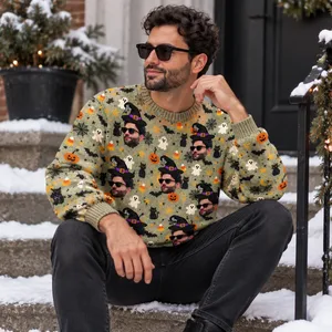 Pumpkin Ghost Bat Pattern Halloween Ugly Sweater - Custom Photo Face and Witch Hat Sweatshirt