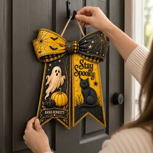 Custom Name Halloween Door Sign, Stay Spooky Witch Bow Decor, Personalized Black Cat Pumpkin Hanging Sign, Gothic Halloween Home Gift