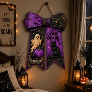 Custom Name Halloween Door Sign, Stay Spooky Witch Bow Decor, Personalized Black Cat Pumpkin Hanging Sign, Gothic Halloween Home Gift