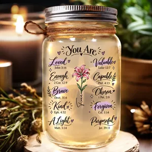 You Are Beautiful Victorious Woman Birth Month Flower - Personalized Mason Jar Light