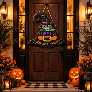 Our Little Haunted Love Story Personalized Door Sign, Custom Couple Names Witch Hat Decor, Halloween Home Decoration for Couples