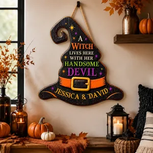Our Little Haunted Love Story Personalized Door Sign, Custom Couple Names Witch Hat Decor, Halloween Home Decoration for Couples