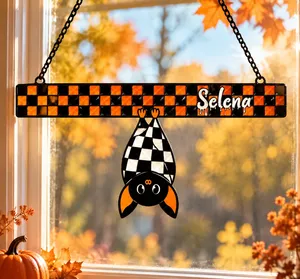 Personalized Halloween Bat Acrylic Suncatcher, Spooky Hanging Window Decor, Custom Name & Number Family Keepsake