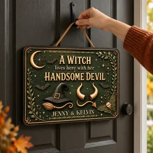 My Witch My Devil Personalized Door Sign, Custom Couple Name Halloween Decor, Gothic Fantasy Hanging Sign, Gift for Him and Her