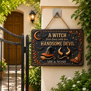 My Witch My Devil Personalized Door Sign, Custom Couple Name Halloween Decor, Gothic Fantasy Hanging Sign, Gift for Him and Her