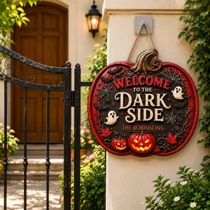A Dark Side Awaits Personalized Halloween Sign, Custom Family Name Pumpkin Door Decor, Haunted Front Door Hanging Decoration