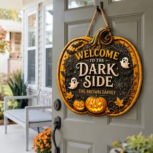 A Dark Side Awaits Personalized Halloween Sign, Custom Family Name Pumpkin Door Decor, Haunted Front Door Hanging Decoration