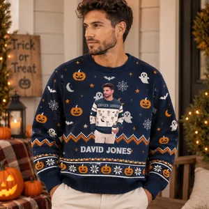 Spooky Pumpkin Ghost Bat Custom Portrait Halloween Sweatshirt - Personalized Portrait Ugly Sweater