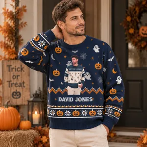 Spooky Pumpkin Ghost Bat Custom Portrait Halloween Sweatshirt - Personalized Portrait Ugly Sweater