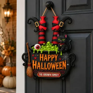 Personalized Halloween Door Sign Custom Family Name, Witch Cauldron Black Cat Decor, Happy Halloween Hanging Sign, Spooky Front Door Decoration Gift