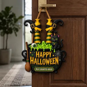 Personalized Halloween Door Sign Custom Family Name, Witch Cauldron Black Cat Decor, Happy Halloween Hanging Sign, Spooky Front Door Decoration Gift