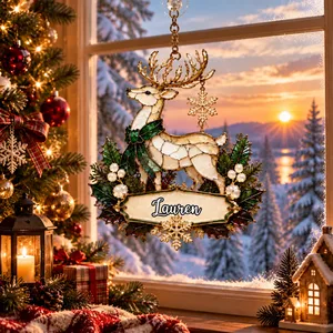 Personalized Christmas Reindeer Faux Stained Glass Suncatcher, Custom Name Winter Window Hanging, Holiday Home Decor Gift