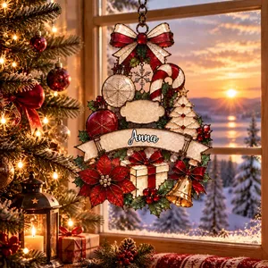Personalized Christmas Faux Stained Glass Suncatcher, Custom Family Name Winter Window Hanging, Holiday Home Decor Gift