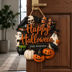 Custom Family Name Halloween Door Sign, Happy Halloween Wreath Decor, Pumpkin Ghost Black Cat Hanging Sign, Personalized Fall Home Gift