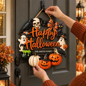 Custom Family Name Halloween Door Sign, Happy Halloween Wreath Decor, Pumpkin Ghost Black Cat Hanging Sign, Personalized Fall Home Gift