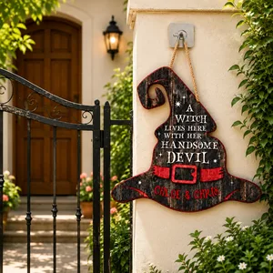 Custom Couple Halloween Door Sign, Personalized Witch Devil Name Decor, Gothic Witch Hat Hanging Sign, Spooky Romantic Home Gift