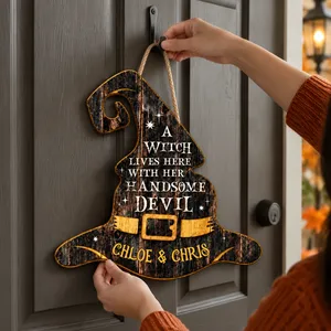 Custom Couple Halloween Door Sign, Personalized Witch Devil Name Decor, Gothic Witch Hat Hanging Sign, Spooky Romantic Home Gift