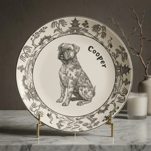 Dog Lover Custom Gift Chinoiserie Toile De Jouy Style - Personalized Ceramic Plate