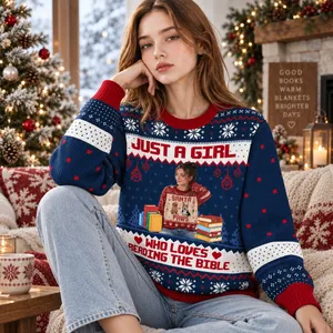 Just a Girl Who Personalized Bible Reading Sweatshirt - Custom Portrait Christmas Ugly Sweater
