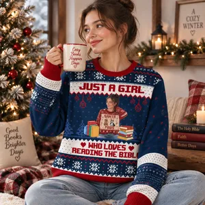 Just a Girl Who Personalized Bible Reading Sweatshirt - Custom Portrait Christmas Ugly Sweater