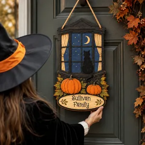 Personalized Halloween Door Sign Custom Family Name, Black Cat Moon Window Decor, Pumpkin Autumn Hanging Sign, Rustic Front Door Decoration Gift
