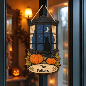 Personalized Halloween Door Sign Custom Family Name, Black Cat Moon Window Decor, Pumpkin Autumn Hanging Sign, Rustic Front Door Decoration Gift