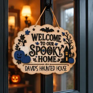 Custom Family Name Halloween Door Sign, Welcome To Our Spooky Home Decor, Pumpkin Haunted House Hanging Sign, Personalized Fall Home Gift