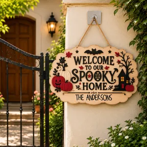 Custom Family Name Halloween Door Sign, Welcome To Our Spooky Home Decor, Pumpkin Haunted House Hanging Sign, Personalized Fall Home Gift