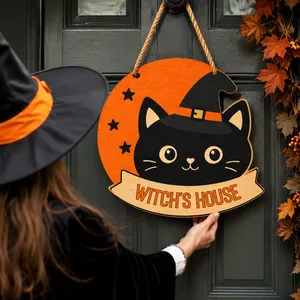 Our Little Halloween Home Personalized Door Sign, Custom Family Name Cat Witch Decor, Cute Front Door Hanging Decoration