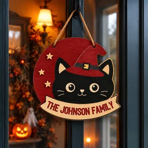 Our Little Halloween Home Personalized Door Sign, Custom Family Name Cat Witch Decor, Cute Front Door Hanging Decoration