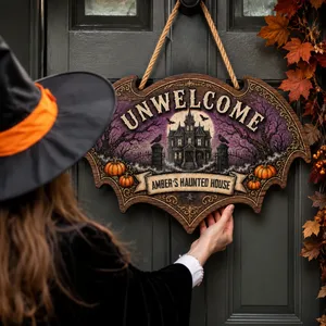 The Castle Beyond The Moonlight Personalized Halloween Door Sign, Custom Family Name Bat Decor, Gothic Haunted House Hanging Sign