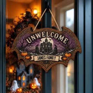The Castle Beyond The Moonlight Personalized Halloween Door Sign, Custom Family Name Bat Decor, Gothic Haunted House Hanging Sign