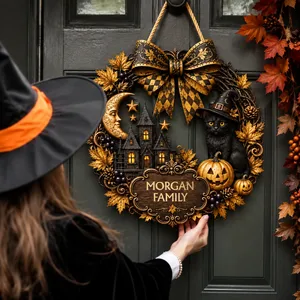 Personalized Family Halloween Wreath, Custom Name Black Cat Witch Door Sign, Moonlit Haunted House Pumpkin Decor, Spooky Fall Home Gift