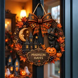 Personalized Family Halloween Wreath, Custom Name Black Cat Witch Door Sign, Moonlit Haunted House Pumpkin Decor, Spooky Fall Home Gift